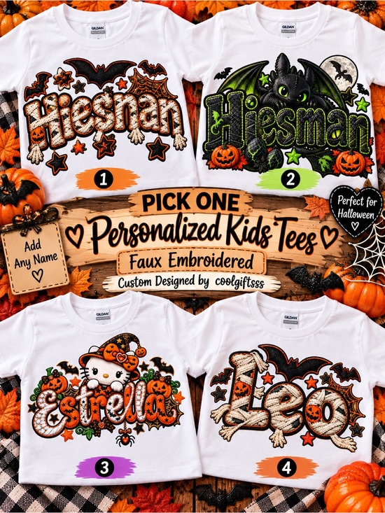 Handmade Other - Personalized Kids Halloween T-Shirt | Custom Name Faux Embroidery Tee | 12M–10